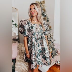 Umgee Metallic Jacquard metallic Floral Dress w/side zip NWT L *small flaw